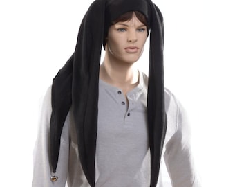 Jester Hat Long Black Fleece Waist Length Three Pointed Harlequin Cap Gothic Adult Goth Clown Cosplay Adult Men Women Ren Fair Carnival