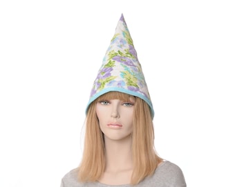Garden Gnome Hat Quilted Cotton Floral Blue Purple Tall Pointed Cap Halloween Costume Wizard Witch Adult Men Women Renaissance Fair