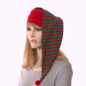 NightCap Christmas Elf Cap Red Green Stripes Night Pompom Cotton Adult Men Women Holiday Sleep Hat