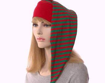 NightCap Christmas Elf Cap Red Green Stripes Night Pompom Cotton Adult Men Women Holiday Sleep Hat