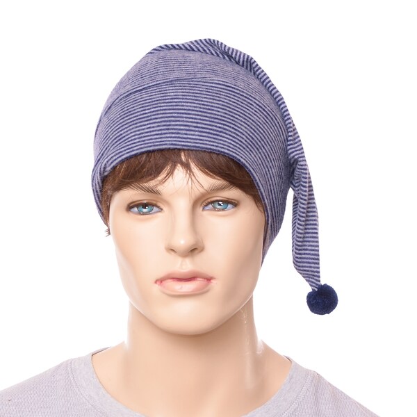 Nightcap Blue Gray Pinstripes Sweater Knit Night Cap Pointed  Handmade Sleep Hat Pompom