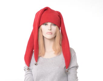 Red Fleece Long Jester Hat with Silver Bells Three Pointed and Made from Fleece