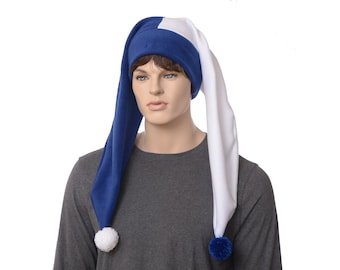 Jester Hat Blue White Long Harlequin Cap Pompom Two Tail Mardi Gras Carnival Costume Hat Cosplay Adult Men Women