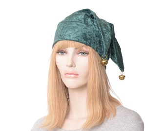 Jester Hat Green Panne Velvet with Bells Shiny Three Pointed Tails Horns Harlequin Cap Adult Men Women Cosplay