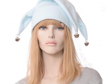 Fleece Jester Hat: Pale Blue 3-Pointed Cap with Silver Bells