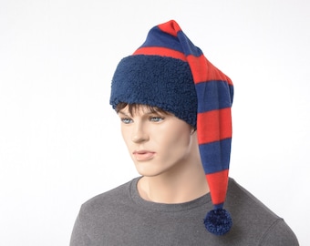 Stocking Cap Hat – Red & Navy Striped Fleece with Navy Sherpa Headband, Warm Cozy Winter Cap with Pompom, Pointed Hats