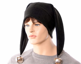 Black Jester Hat Made of Fleece Harlequin Cap Two Pointed with Oversized Bells Cosplay Adult Men Women Dark