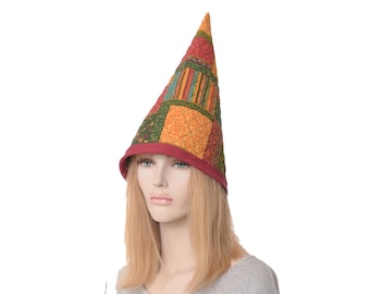 Adult Gnome Hat – Quilted Cotton – Jewel-Tone Patchwork Tall Cone Hat for Adults Costume Headwear for Ren Faire, Cons and Festivals