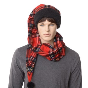 Scarf Hat Plaid Long Stocking Cap Red Black Coil Pompom Sherpa Headband Wrap Around Fleece Faux Fur Adult Men Women