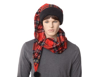 Scarf Hat Plaid Long Stocking Cap Red Black Coil Pompom Sherpa Headband Wrap Around Fleece Faux Fur Adult Men Women