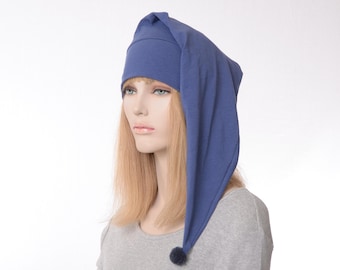 Sleep Hat Soft Blue Pointed Cotton Nightcap Pompom Sleeping Hats Women Adult Men Chemo Caps Cancer Night Cap