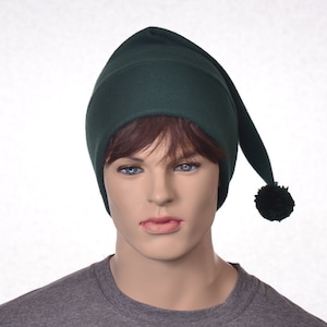 Stocking Cap Dark Green with Pompom Long Pointed Beanie Elf Hat Forest Tail Hat Adult Man Women Fleece