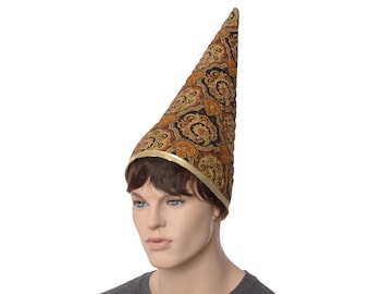 Brimless Wizard Hat Quilted Cotton Black and Gold Scroll work  Tall Pointed Cap Halloween Costume Gnome Witch Adult Men Women