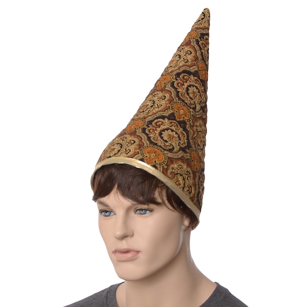 Brimless Wizard Hat Quilted Cotton Black and Gold Scroll work  Tall Pointed Cap Halloween Costume Gnome Witch Adult Men Women