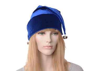 Jester Hat Royal Blue Velvet with Bells Three Pointed Tails Horns Harlequin Cap Adult Men Women Cosplay Renaissance Fair