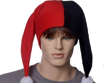 Jester Hat Black Red Harlequin Cap White Pompoms Fleece Costume Fool Cosplay Handmade Adult Men Women Renaissance Faire