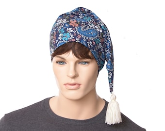 Sleeping Hat Navy Floral Pasley with White Tassel Nightcap Style Soft  Adult Men Women Night Cap Chemo Hat