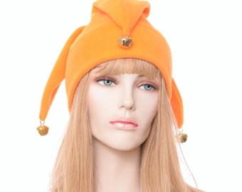 Orange Jester Hat Silver Bells 3 pointed Fleece Hat Adult Mens Womens Winter Cap Ren Fair Harlequin Fool Cosplay