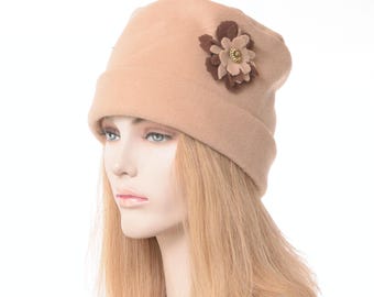 Cuffed Beanie Hat Camel Fleece Beanie with  Layered Fleece Flower Warm Winter Womens Cap Apres Ski Cap