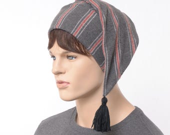 Soft Nightcap – Traditional Striped Knit Sleep Hat with Tassel, Unisex Victorian-Style Lounging Night Cap Charcoal Gray Striped Adult