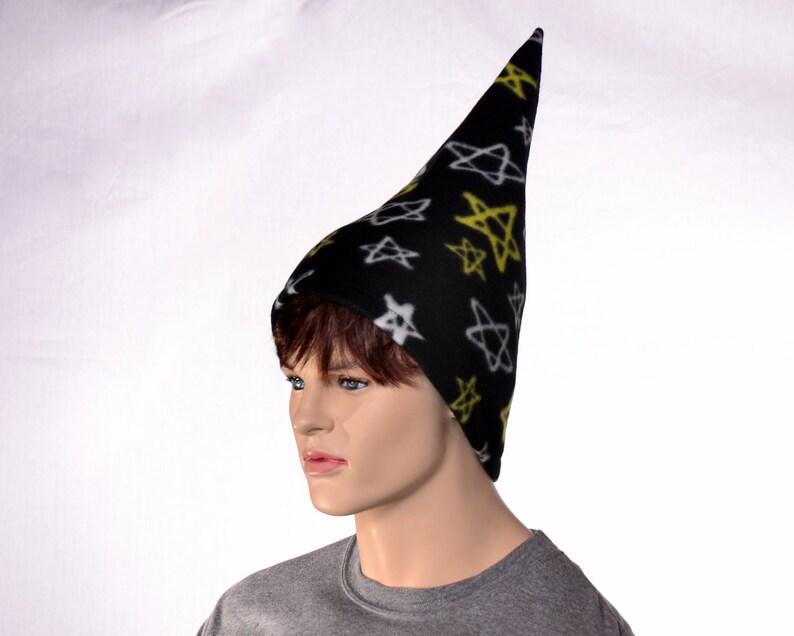 Black Wizard Hat with 5 Pointed Stars in White and Yellow Tall Pointed Cap Fleece Mens Costume Hat Magicians HatLong