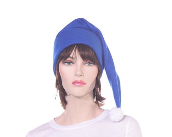 Royal Blue Stocking Cap White Pompom Long Pointed Beanie Hat Adult Man Women Fleece
