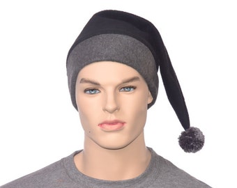 Stocking Cap Charcoal Gray and Black Pointed Hat with Pompom Warm Winter Fleece Hat Adult Men Women