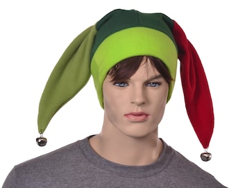 Silly Jester Cap Green Red Patchwork Costume Two Point Harlequin Hat Adult Men Women Fool Hat Cosplay Buffoon