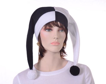 Black and White Jester Harlequin Hat with Pompoms Clown Hat Two Point   Man Woman Adult