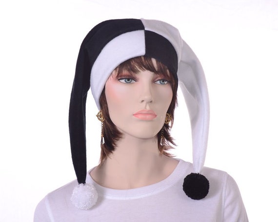 Black White Jester Harlequin Hat With Pompoms Clown Hat Two Point Adult Men Women Ren Fair Etsy UK