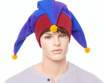Jester Hat with Gold Pompoms Maroon Blue Purple Fleece Harlequin Cap Fools Hat Three Pointed Beanie 3 Tail Hat Cosplay