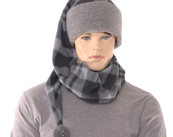 Long Stocking Cap Plaid Black Gray Scarf Hat Pompom Sherpa Headband Wrap Around Fleece Faux Fur Adult Men Women