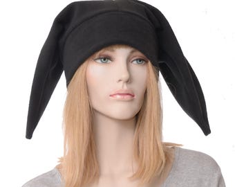 Black Fleece Jester Hat: Two-Point Harlequin Cap