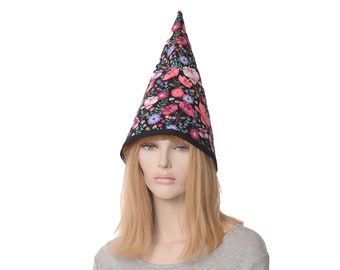 Gnome Hat Quilted Cotton Flowers Floral Handmade Pointy Cone Tall Pointed Cap Halloween Costume Wizard Witch Adult Men Women