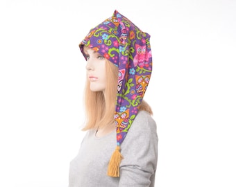 Storybook Nightcap – Long Tail Cotton Sleep Hat with Tassel • Colorful Owl Print Cozy Bedtime Cap