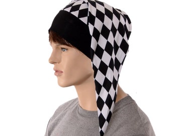 Harlequin Hat Night Cap with Black Pompom Cotton Adult Men Women Jester Cap Cosplay Clown Jester Sleep Hat