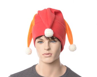Jester Hat Joker Cap Red Orange with White Pompoms Three Pointed Fleece Court Fool Clown Cap Cosplay Adult Women Man Renaissance Fair