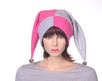 Harlequin Hat Pink Gray Bells Fleece Two Pointed Jester Cap Fools Beanie Adult Men Women Ren Fair