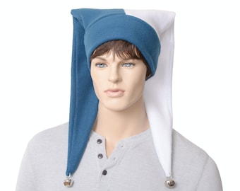 Jester hat Teal Blue White Back facing Two Pointed Jingle Bells  Fleece Adult Men Women Cosplay Costume Hat