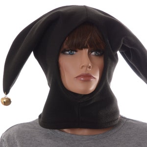 Black Jester Hood Hat Fleece with Gold Bells Harlequin Cap Two Pointed Cosplay Handmade Balaclava