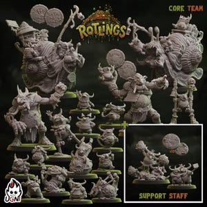 May include: A collection of grey miniature fantasy figures titled Rotlings Core Team and Support Staff. The set includes various goblin-like creatures, some riding large snails, others holding circular coins, weapons, and barrels, all displayed on individual round bases.