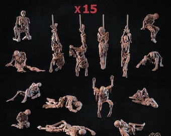 May include: A set of 15 miniature brown skeleton figures in various poses, including hanging, sitting, and lying down. The text HUMAN REMAINS SET x 15 is displayed at the top, with BASING BITS COLLECTION and the ZABAVKA WORKSHOP logo at the bottom.