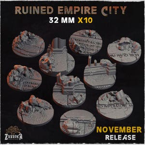 May include: A set of ten 32 mm circular miniature bases titled Ruined Empire City. Each grey resin base features detailed textures of cracked stone, rubble, and debris, with some surfaces displaying engraved Latin text and architectural ruins.