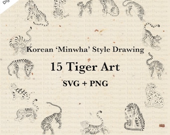Koreansk Minwha Tiger SVG-paket: Fine Line Art, Cricut Ready (digital nedladdning)