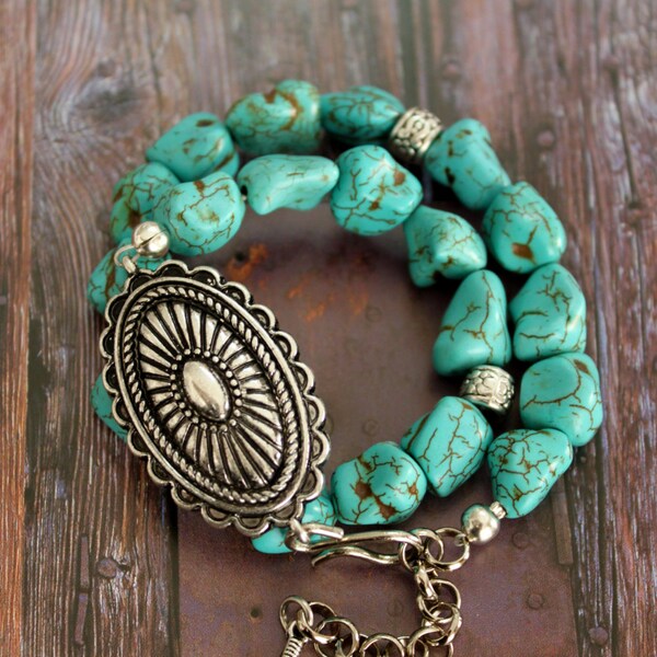 Native vintage style concho and Howlite Turquoise beaded wrap arround bracelet  stackable bracelet designed by Inali