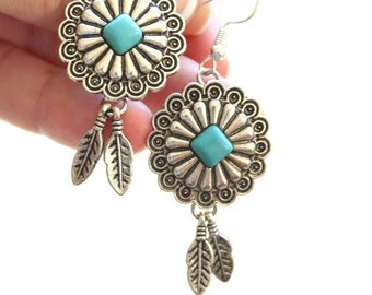 Native Blossom girl-delicate silver floral dangle earrings with tiny feathers charms Native Vintage Ethnic Bohemian Handcrafted earrings