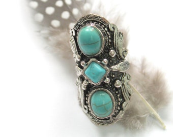 upcycled Stunning Tibetan silver and Howlite turquoise adjustable ring Free people style Gypsy Bohemian cocktail statement ring  by Inali