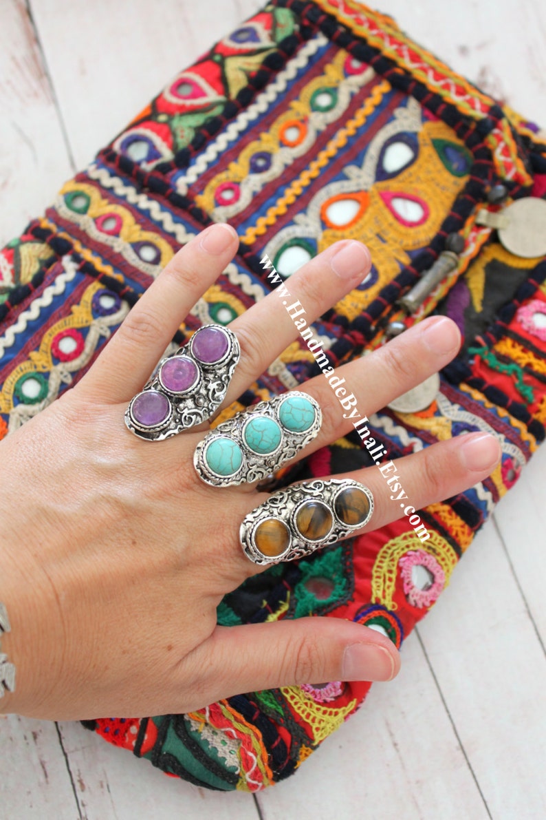 One Stunning Vintage look Tibetan silver plated adjustable ring 3 semi-precious stones Tiger EyeHowlite turquoiseAmethyst Boho ring
