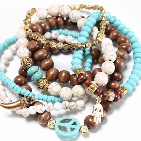 BOHEMIAN DREAMER-Set of 7 Stretch stackable beaded bracelets in White,Turquoise and brown wooden beads/Boho chic/Hippie/made to order
