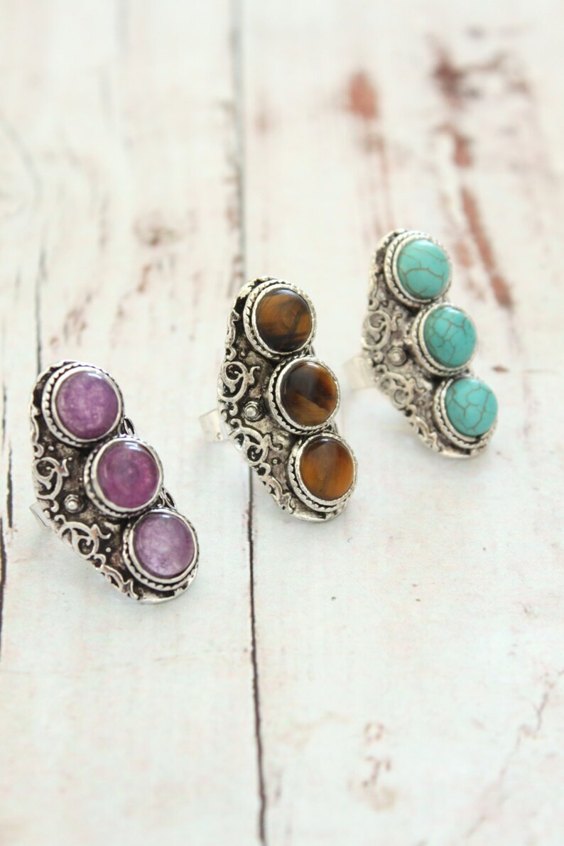 One Stunning Vintage look Tibetan silver plated adjustable ring 3 semi-precious stones Tiger EyeHowlite turquoiseAmethyst Boho ring